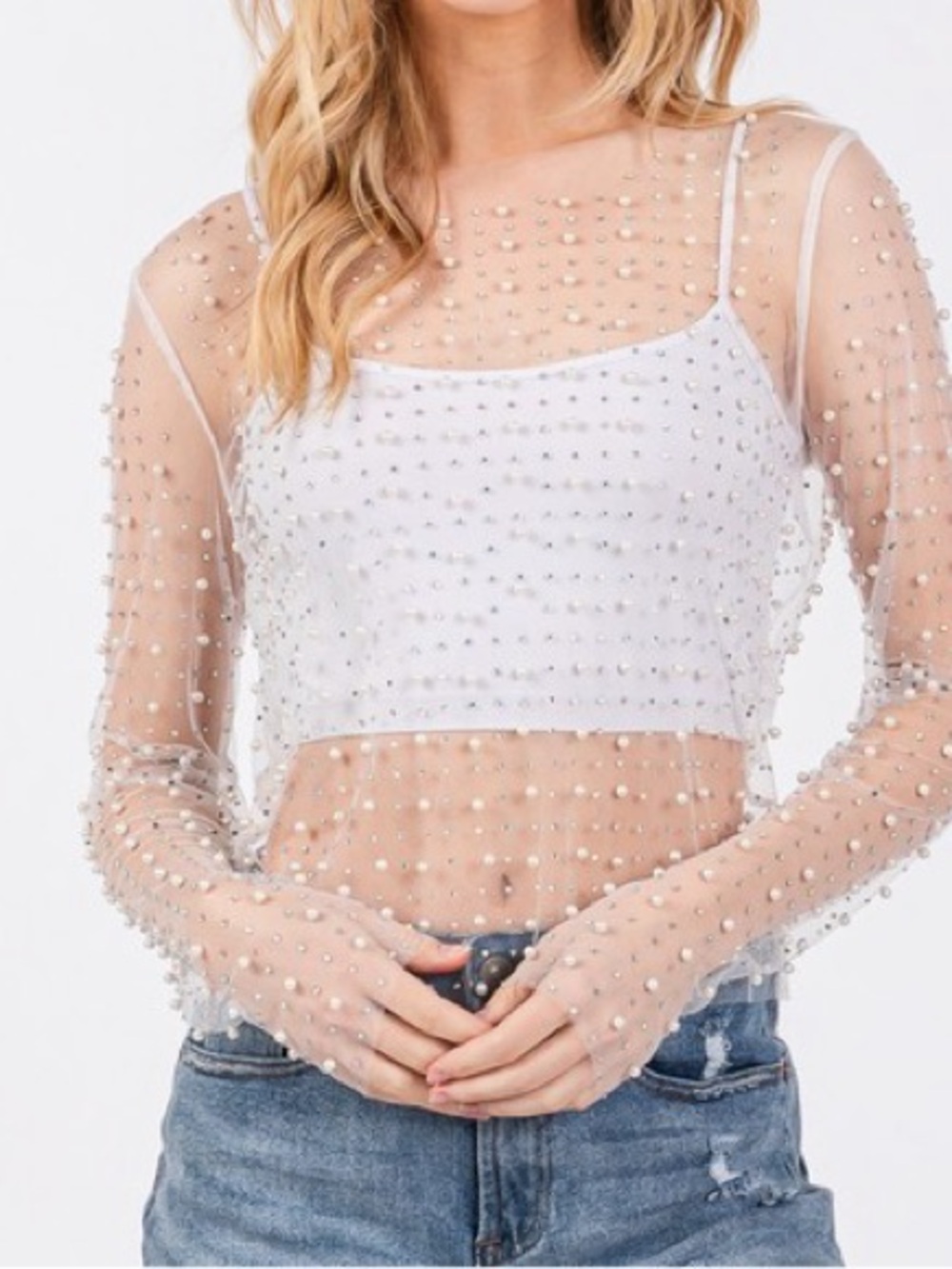Sheer Brown Mesh Bead and Pearl Long Sleeve Crop Top